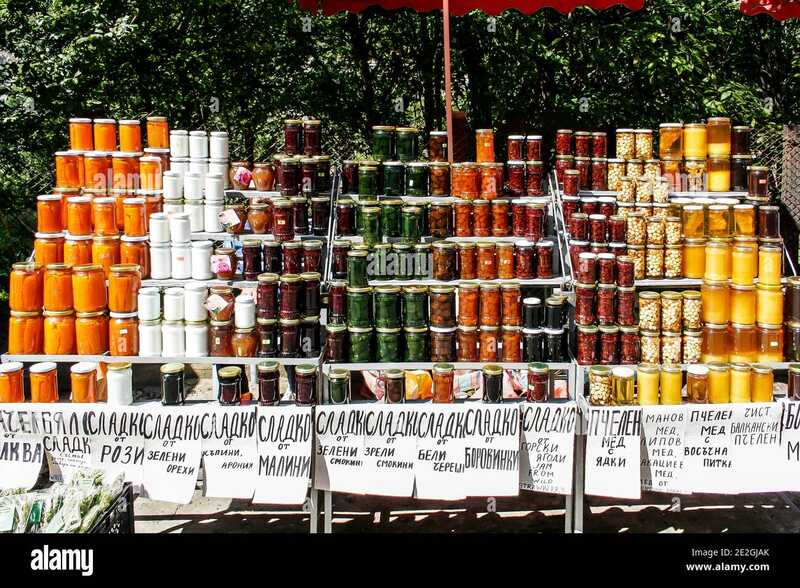 huge variety of local honeys and handmade fruit preserves and jams for sale in the rhodope mountains bulgaria 2E2GJAK