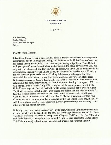 letter fr Trump to Ishiba Shigeru