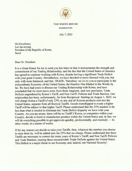 letter fr Trump to Lee Jae myung