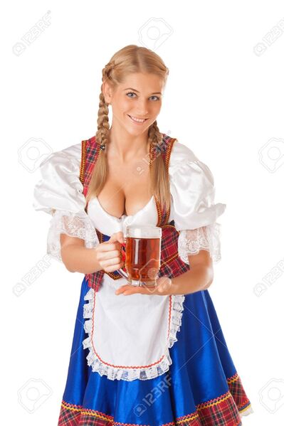30174797 young oktoberfest woman wearing a traditional bavarian dress dirndl serving beer mugs