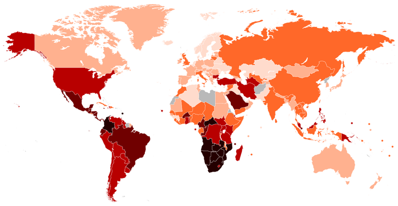 Map of countries by GINI coefficient (1990 to 2020).svg